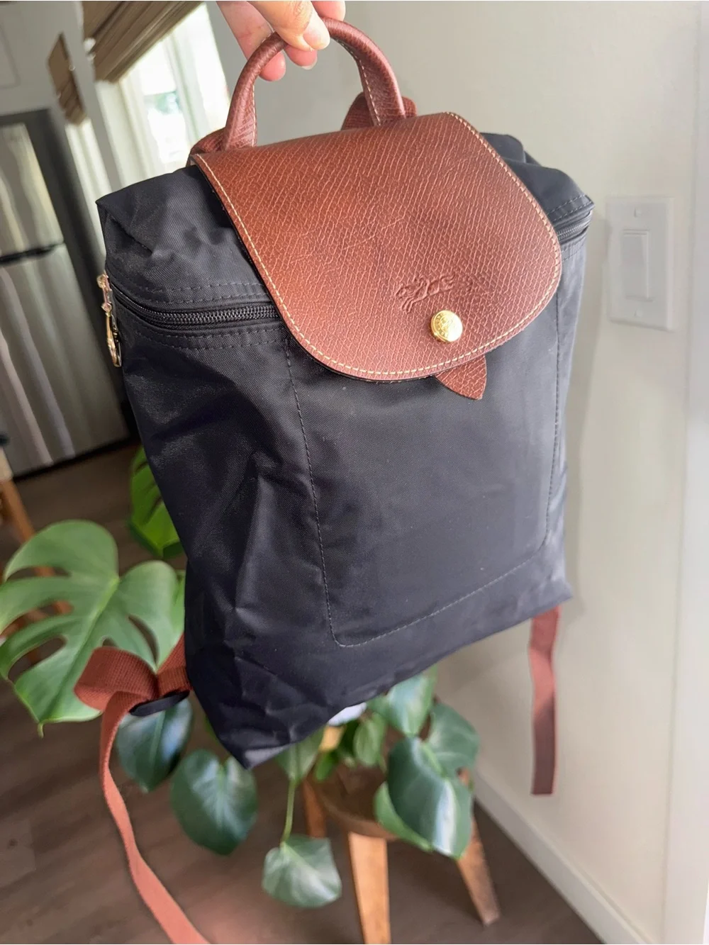 Longchamp Le Pliage Leather Flap Black With Brown Nylon Women’s Backpack